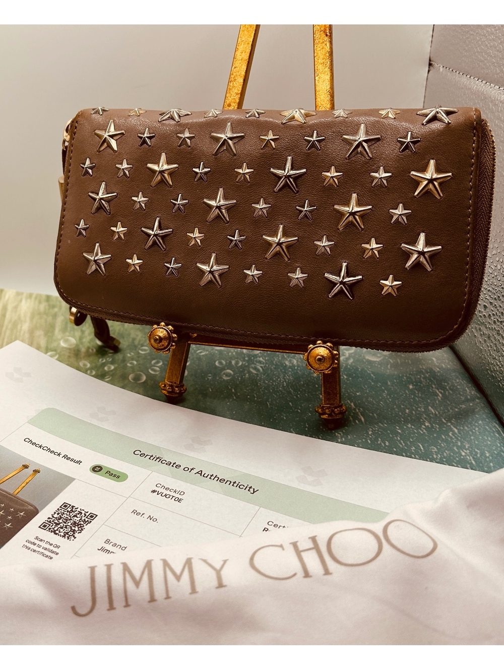 Jimmy Choo Filipa Star Studded Leather Zippy Wallet - Very Good Cond with COA